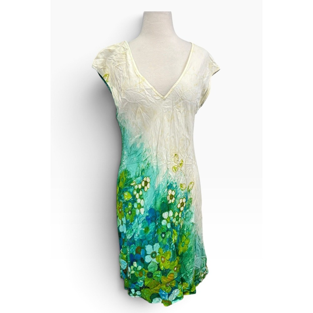 Jams World Sundaisy Green V Neck Dress XL Butter Yellow Floral Watercolor Blue